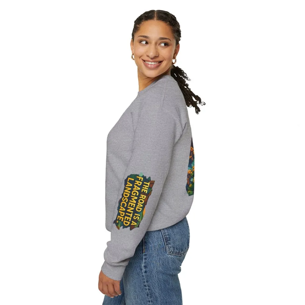 Unisex Heavy Blend™ Crewneck Sweatshirt — "The Road Is A Fragmented Landscape" Design Cubic-Line