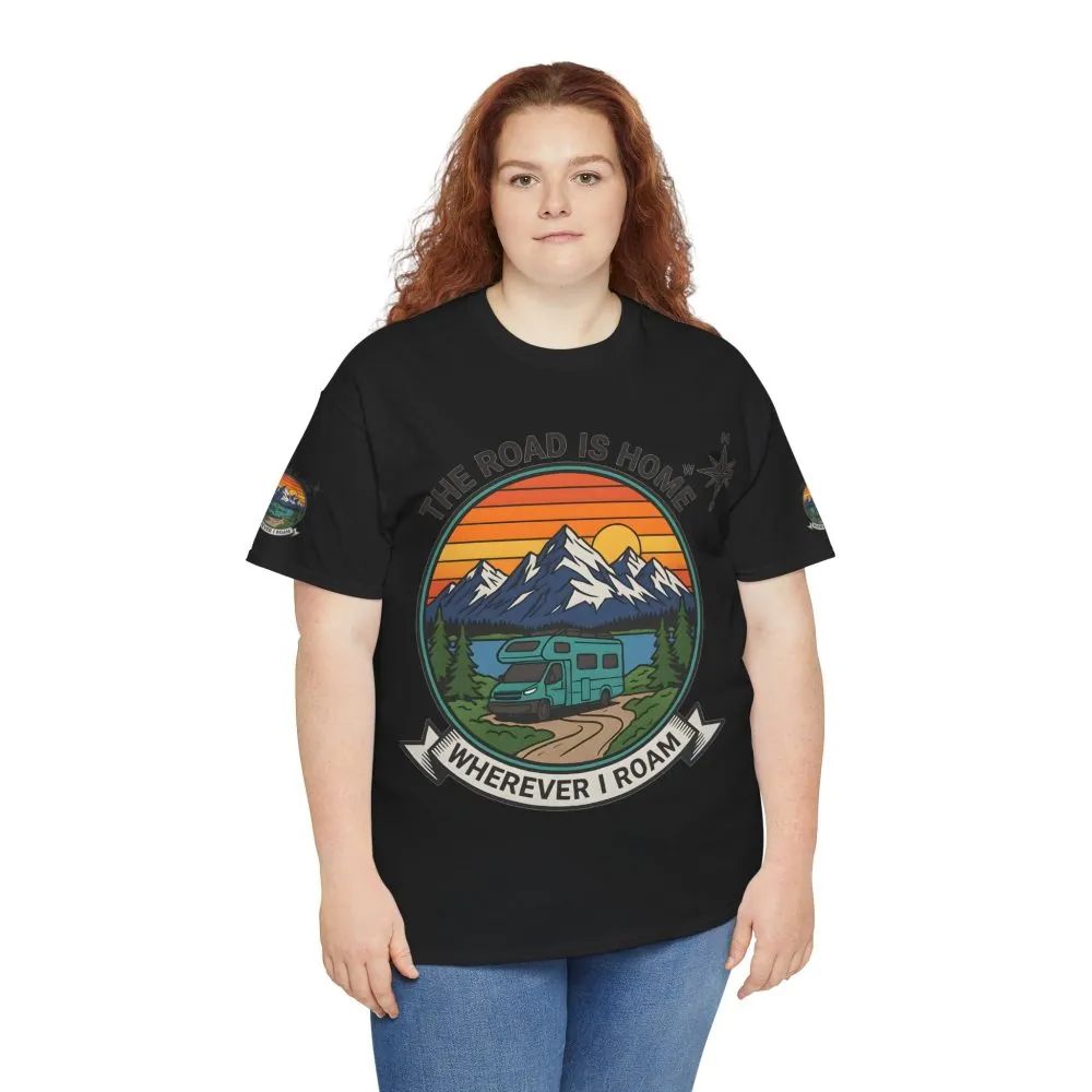 Unisex Heavy Cotton Tee  — 'The Road Is Home, Wherever I Roam' Retro Camper Tee