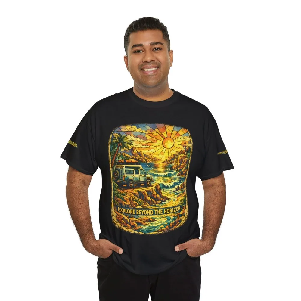 Unisex Heavy Cotton Tee — "Explore Beyond The Horizon" Design Cubic-Line