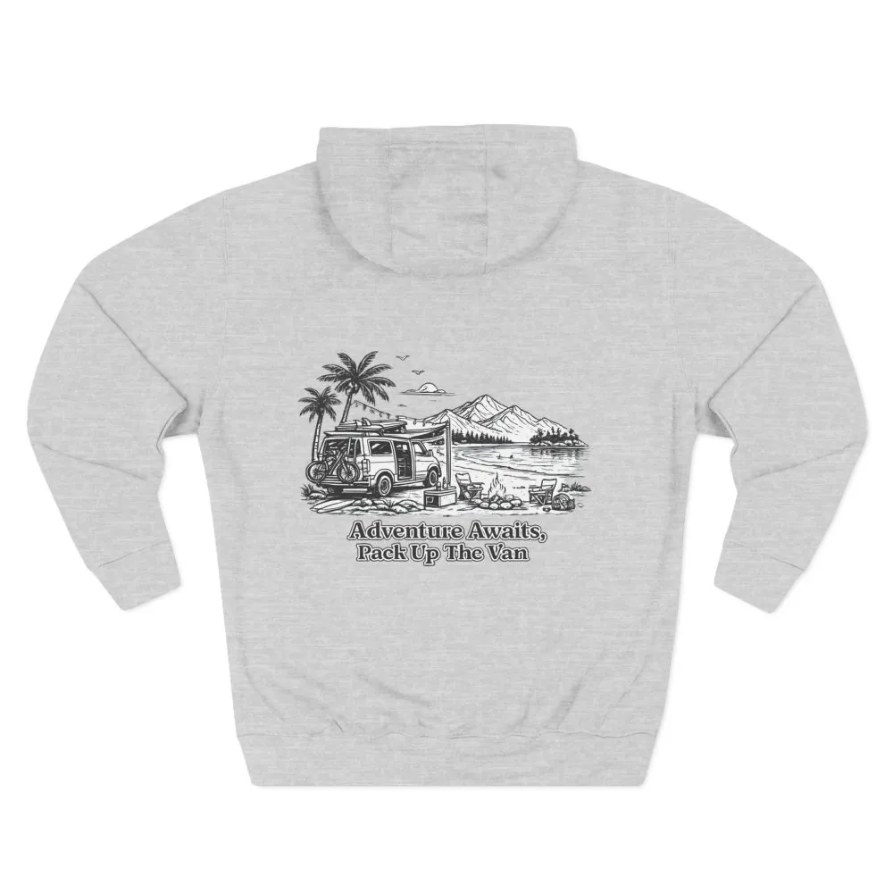 Three-Panel Fleece Hoodie - "Adventure Awaits,Pack Up The Van" Design Minimal-Line