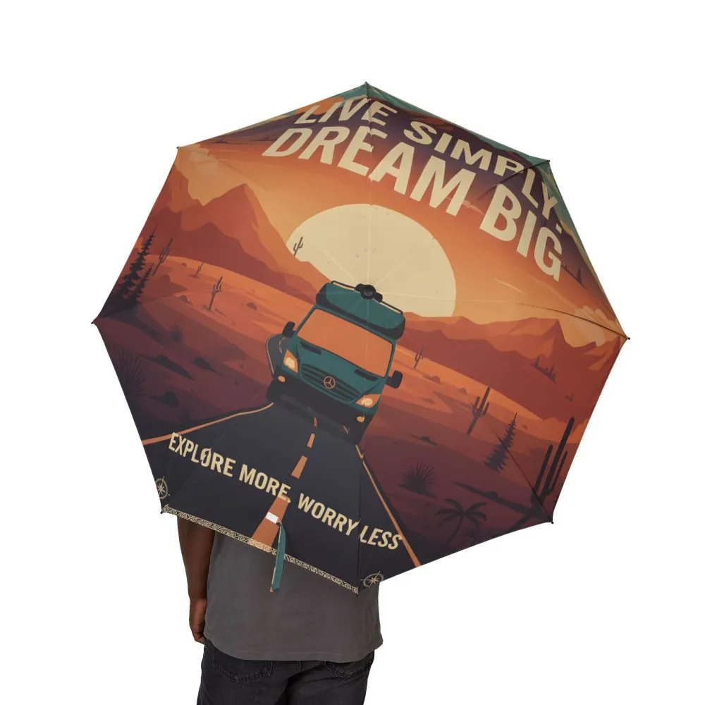 Semi-Automatic Foldable Umbrella — "Live Simple Dream Big-Explore More Worry Less" Vintage Adventure Print