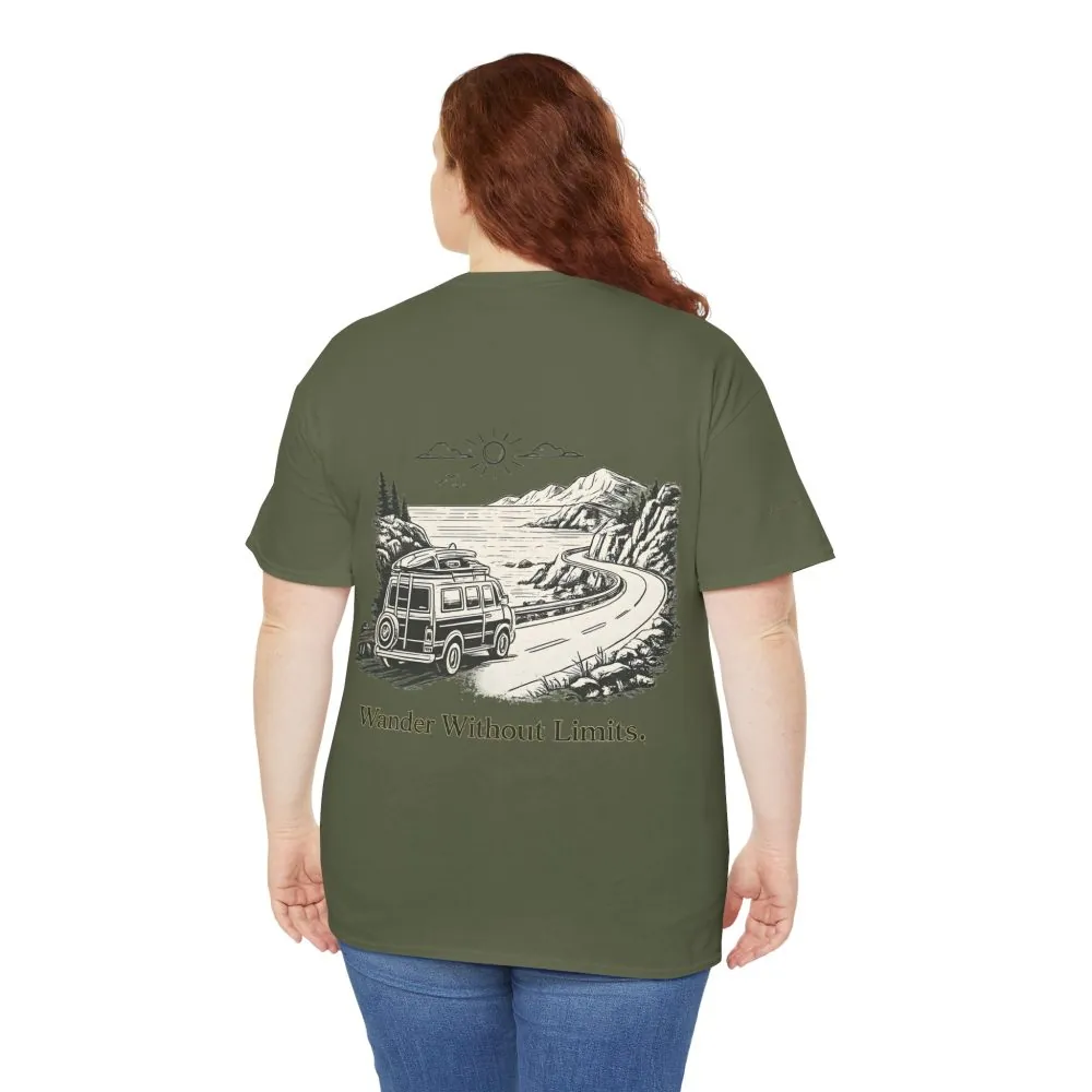 Unisex Heavy Cotton Tee — "Wander Without Limits" Design Minimal-Line