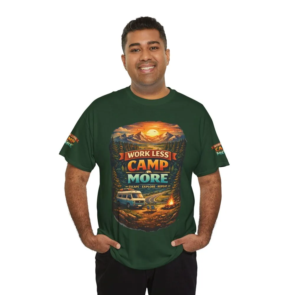Unisex Heavy Cotton Tee — "Work Less-Camp More" Design Scenic-Line