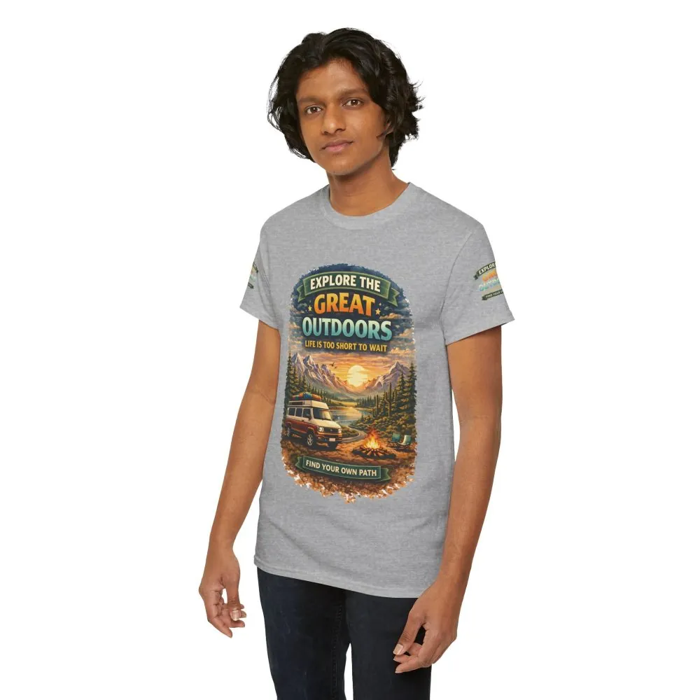 Unisex Heavy Cotton Tee — "Explore The Great Outdoors" Design Scenic-Line