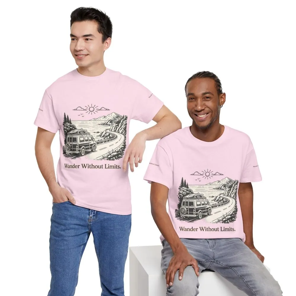 Unisex Heavy Cotton Tee — "Wander Without Limits" Design Minimal-Line
