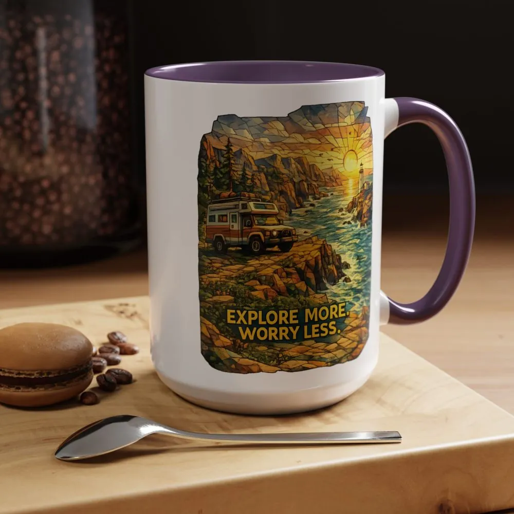 Accent Coffee Mug (11, 15oz) — "Explore More Worry Less" Design Cubic-Line