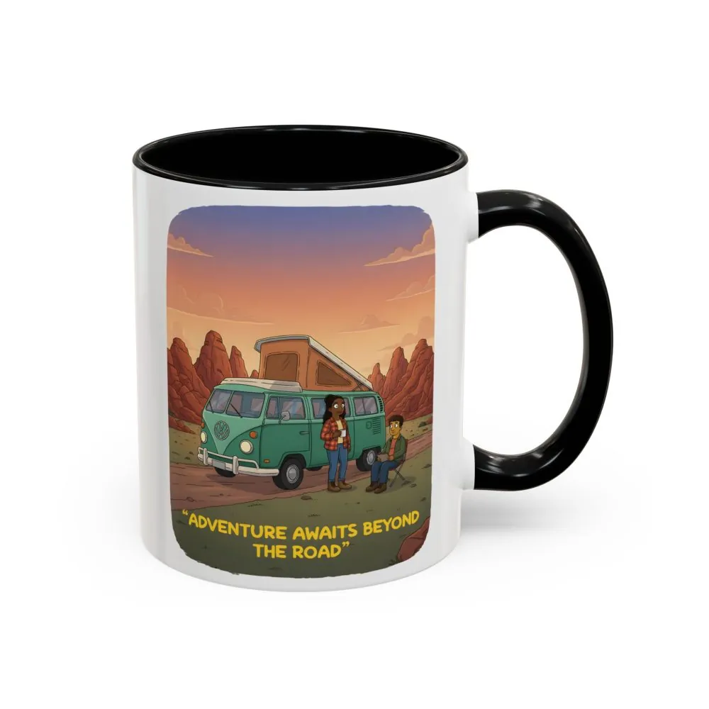 Accent Coffee Mug (11, 15oz) — "Adventure Awaits Beyond The Road" Design Sitcom-Line