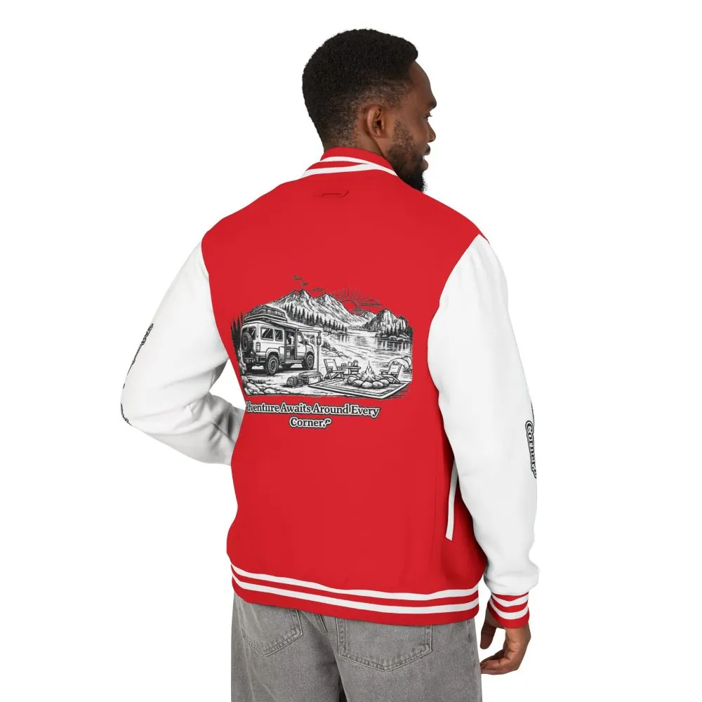 Unisex Heavyweight Letterman Jacket — "Adventure Awaits Around Every Corner" Travel Varsity Coat