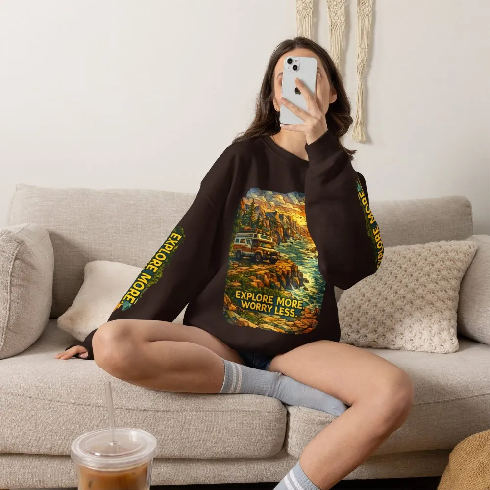 Unisex Heavy Blend™ Crewneck Sweatshirt — "Explore More Worry Less" Design Cubic-Line