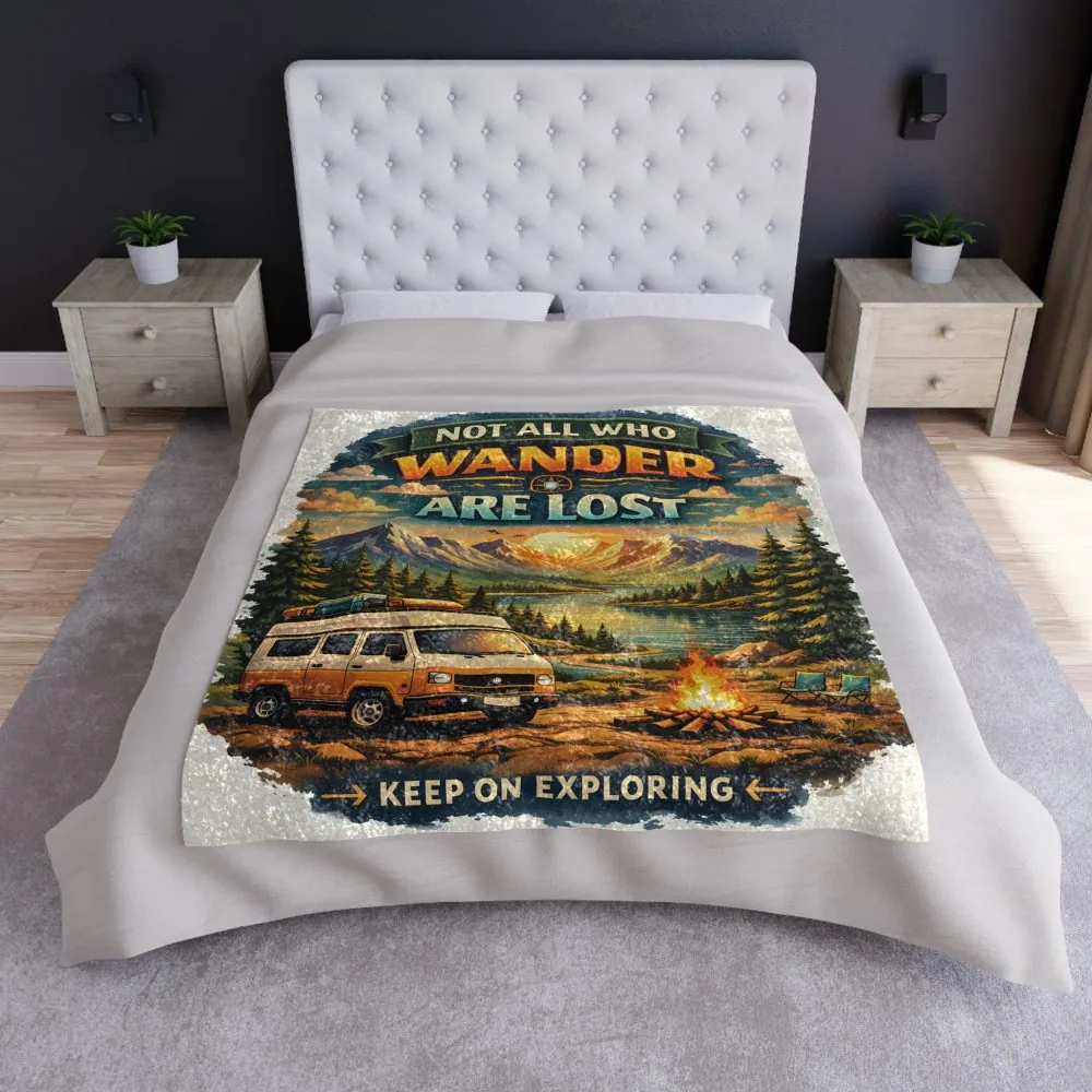 Crushed Velvet Blanket —"Not All Who Wander Are Lost" Design Scenic-Line (Campervan)