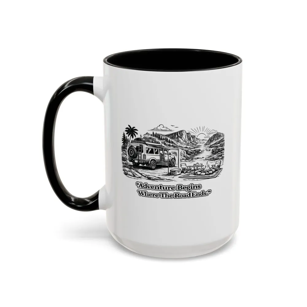 Accent Coffee Mug (11, 15oz) — "Adventure Begins Where The Road Ends" Design Minimal-Line