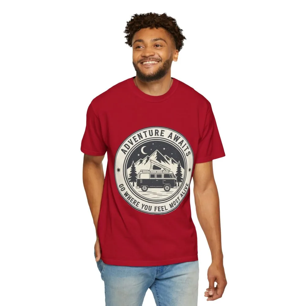 T-Shirt — "Adventure Awaits-Go Where You Feel Most Alive" (Front + Back Printed) Outdoor Travel Tee