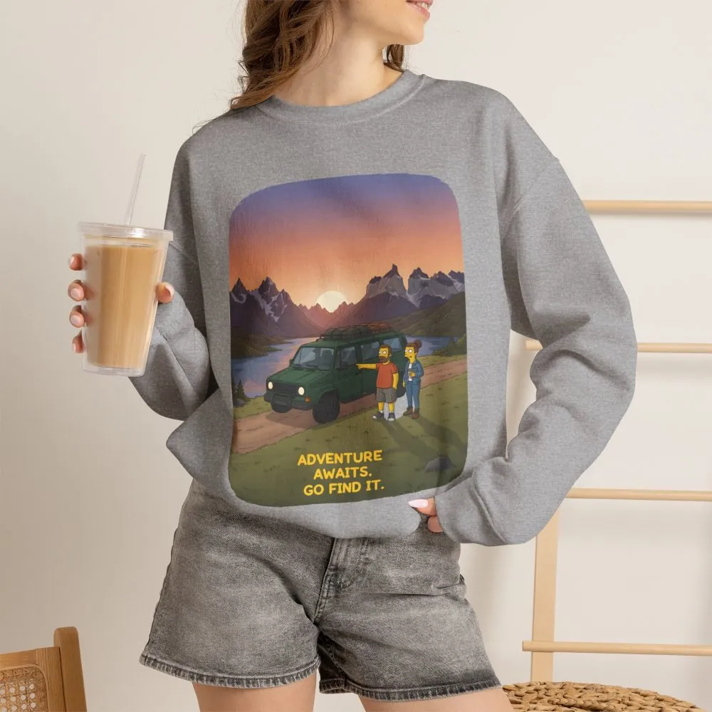Unisex Heavy Blend™ Crewneck Sweatshirt — "Adventure Awaits-Go Find It" Design Sitcom-Line