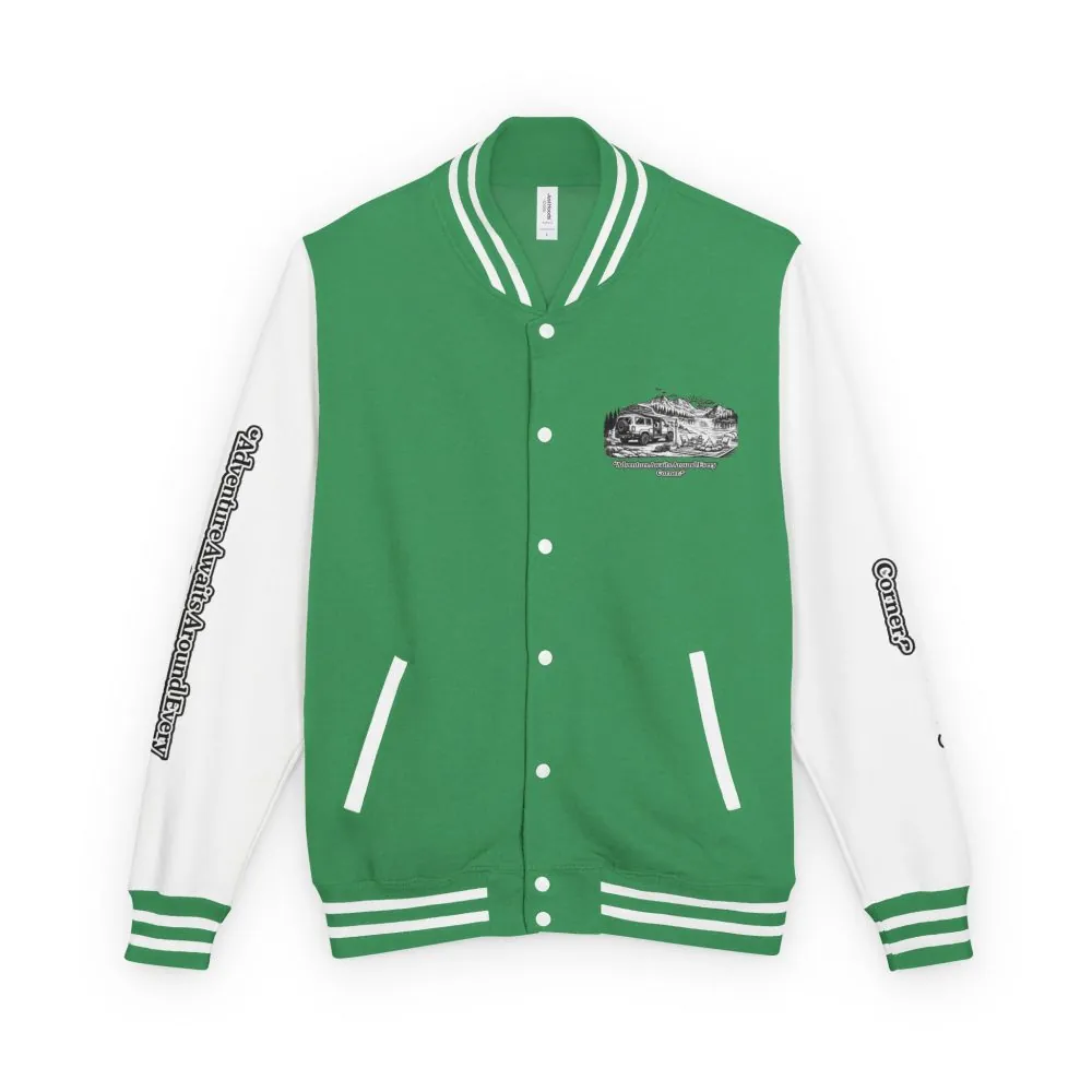 Unisex Heavyweight Letterman Jacket — "Adventure Awaits Around Every Corner" Travel Varsity Coat