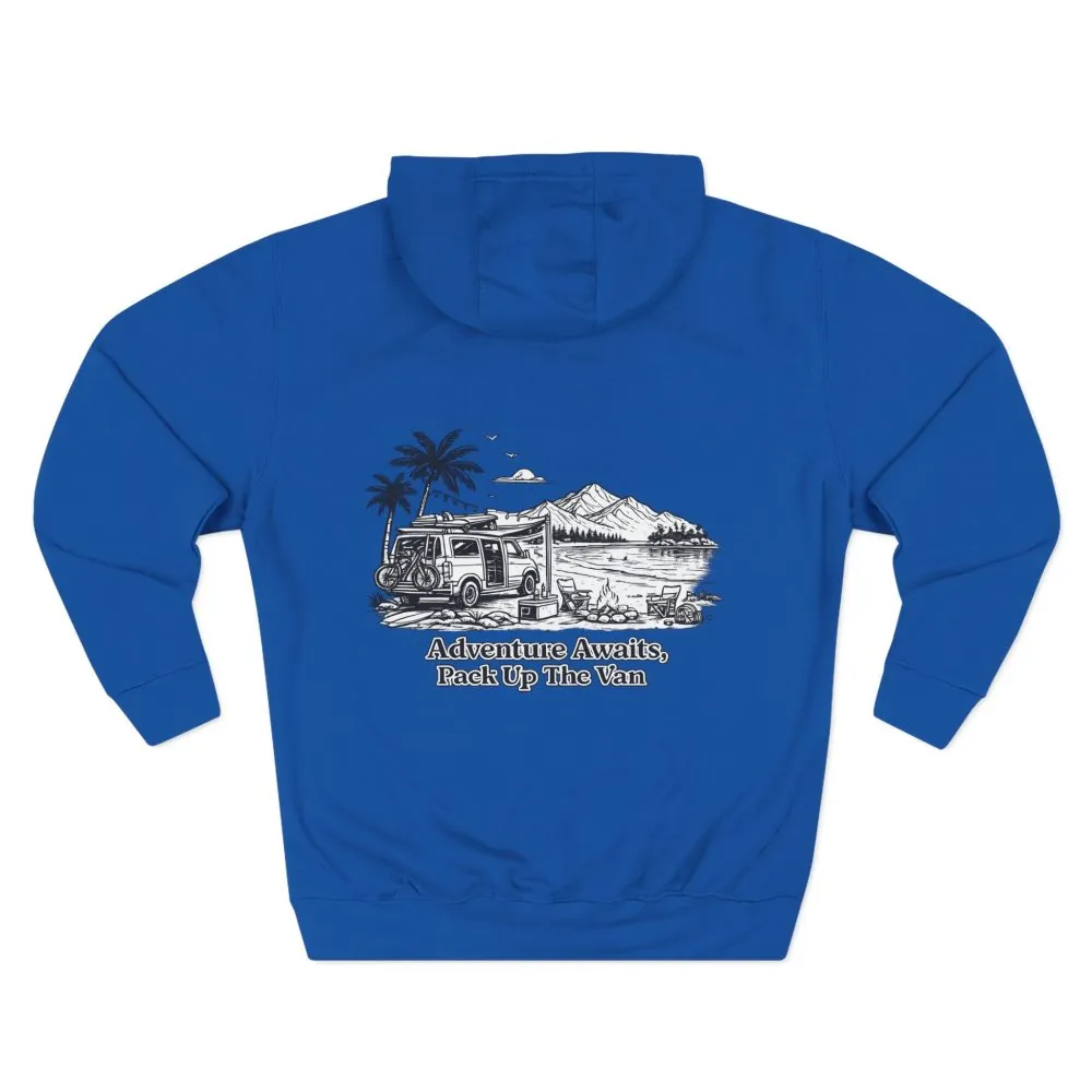 Three-Panel Fleece Hoodie - "Adventure Awaits,Pack Up The Van" Design Minimal-Line