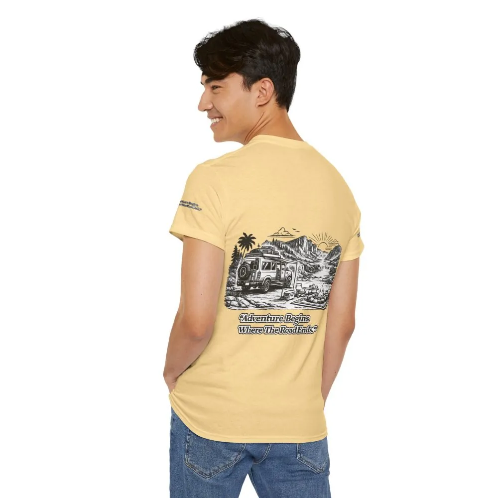 Unisex Heavy Cotton Tee — "Adventure Begins Where The Road Ends" Design Minimal-Line