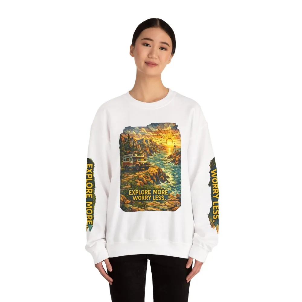 Unisex Heavy Blend™ Crewneck Sweatshirt — "Explore More Worry Less" Design Cubic-Line