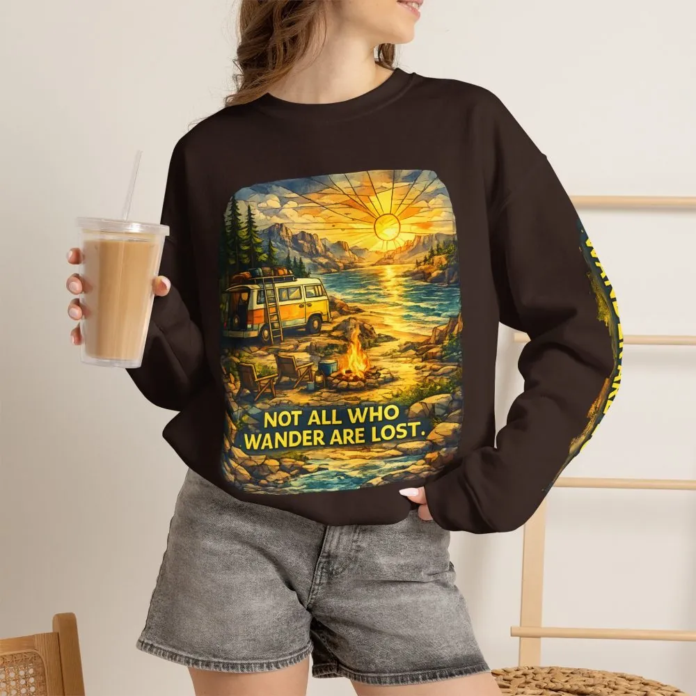 Unisex Heavy Blend™ Crewneck Sweatshirt — "Not All Who Wander Are Lost" Design Cubic-Line