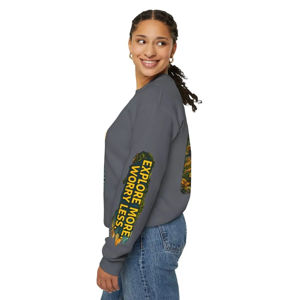 Unisex Heavy Blend™ Crewneck Sweatshirt — "Explore More Worry Less" Design Cubic-Line