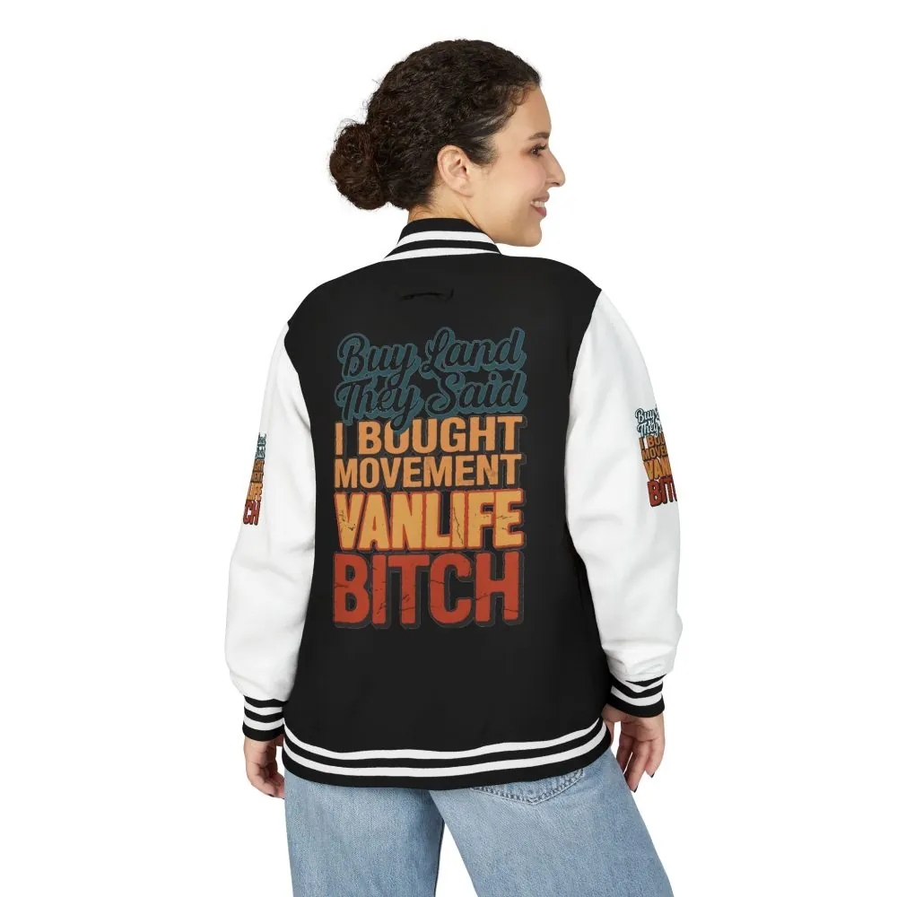 11206136660485235656_2048.jpeg Unisex Heavyweight Letterman Jacket — "Buy Land They Said" Design F**K-Line