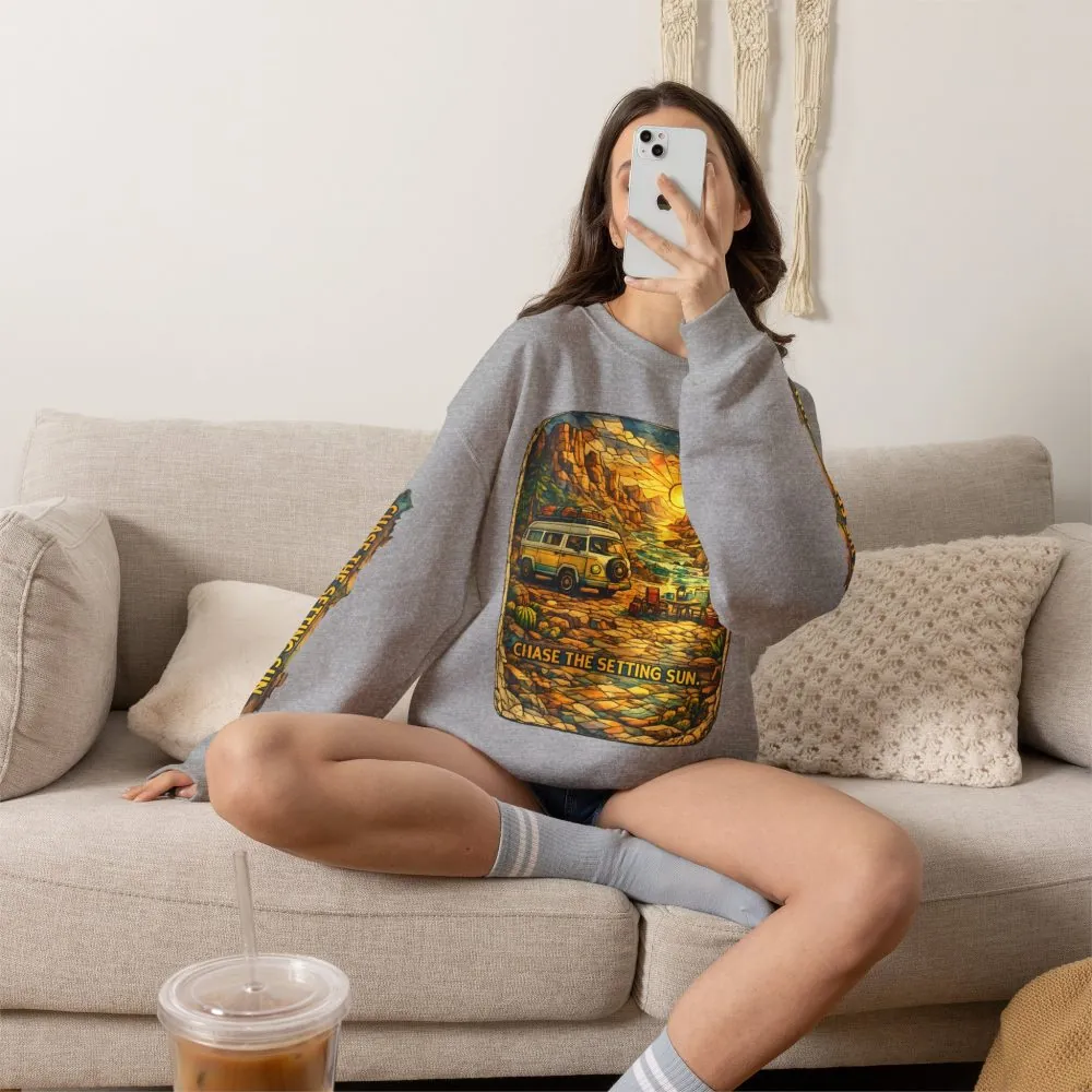 Unisex Heavy Blend™ Crewneck Sweatshirt — "Chase The Settings Sun" Design Cubic-Line