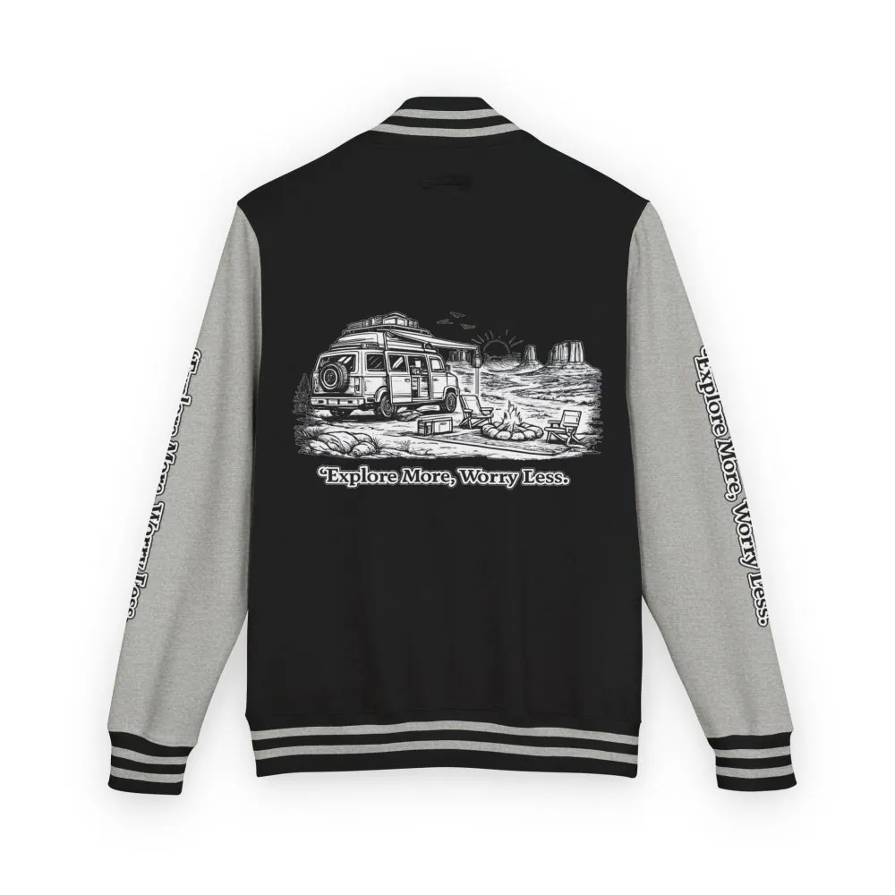Unisex Heavyweight Letterman Jacket — "Explore More Worry Less" Travel Varsity Coat
