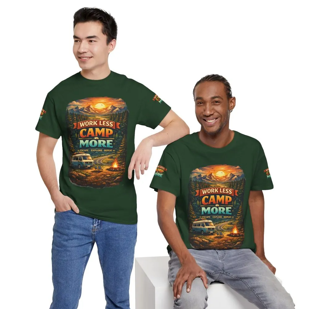 Unisex Heavy Cotton Tee — "Work Less Camp More" Design Scenic-Line