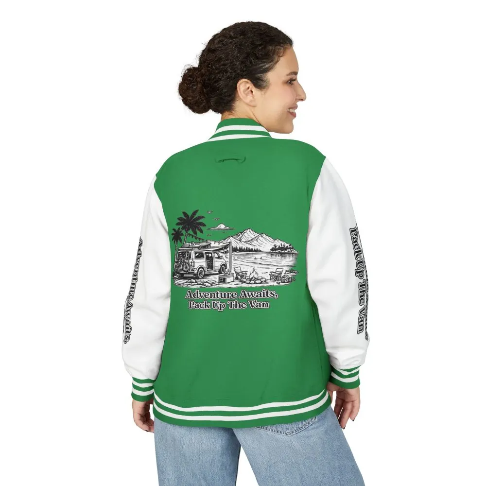 Unisex Heavyweight Letterman Jacket — "Adventure Awaits,Pack Up The Van" Travel Varsity Coat