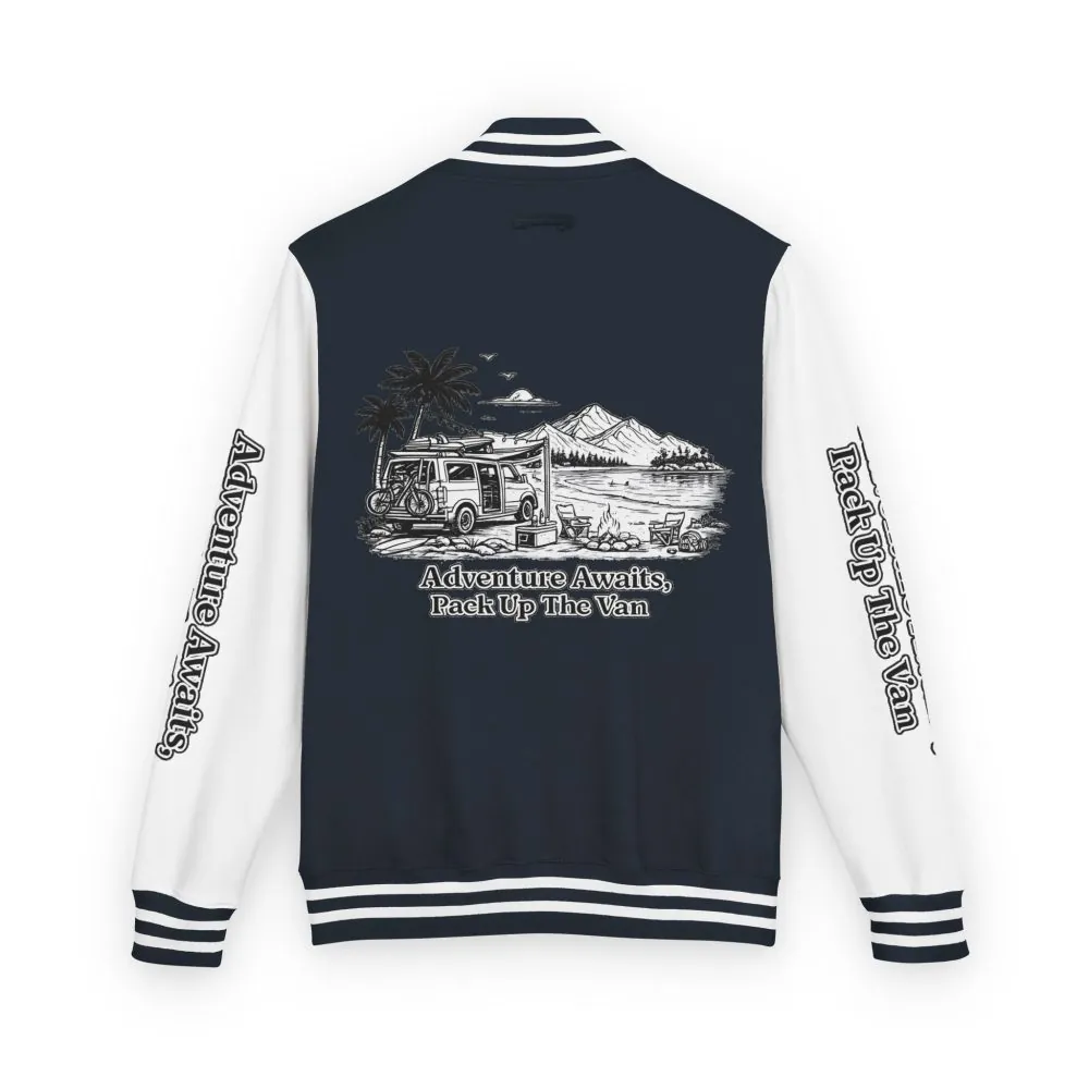 Unisex Heavyweight Letterman Jacket — "Adventure Awaits,Pack Up The Van" Travel Varsity Coat