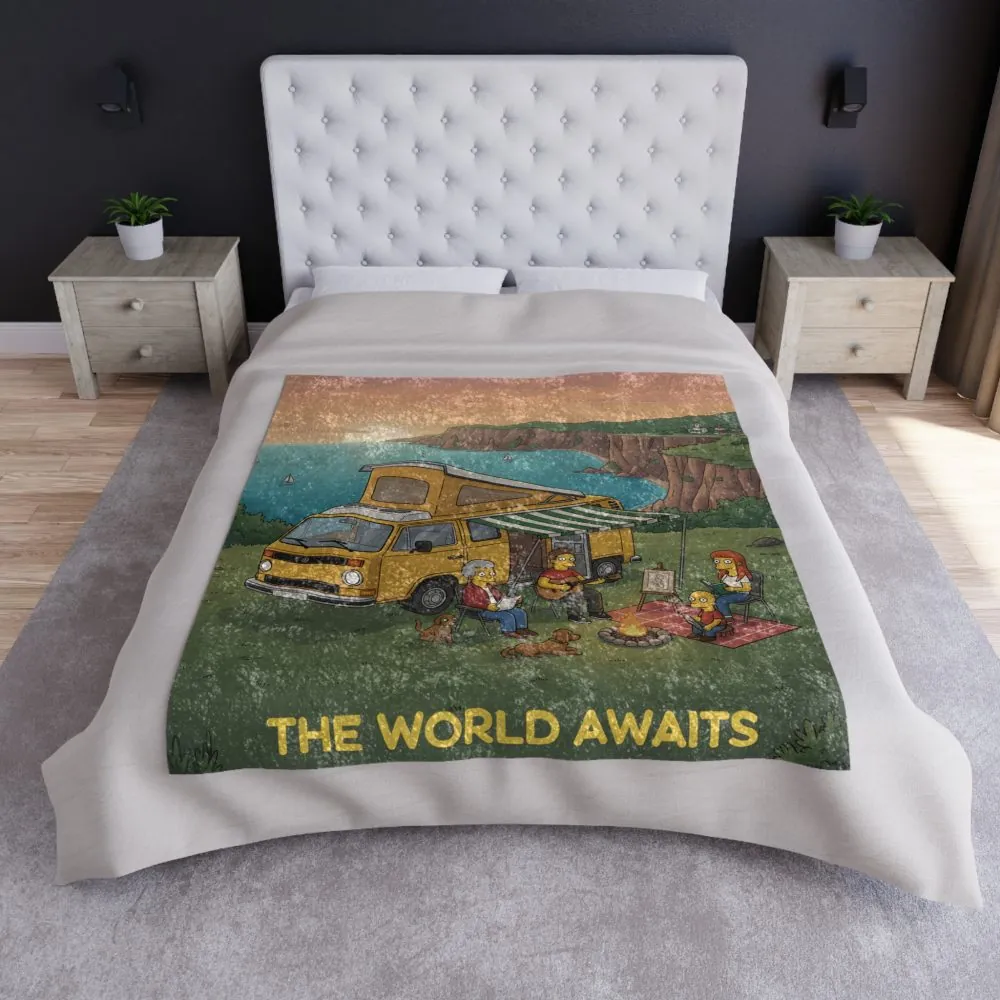Crushed Velvet Blanket —"The World Awaits" Design Sitcom-Line (Campervan)