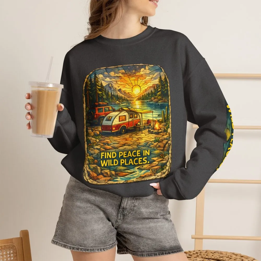 Unisex Heavy Blend™ Crewneck Sweatshirt — "Find Peace In Wild Places" Design Cubic-Line
