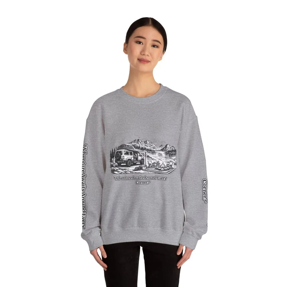 11299880491762441612_2048.jpeg Unisex Heavy Blend™ Crewneck Sweatshirt — "Adventure Awaits Around Every Corner" Design Minimal-Line