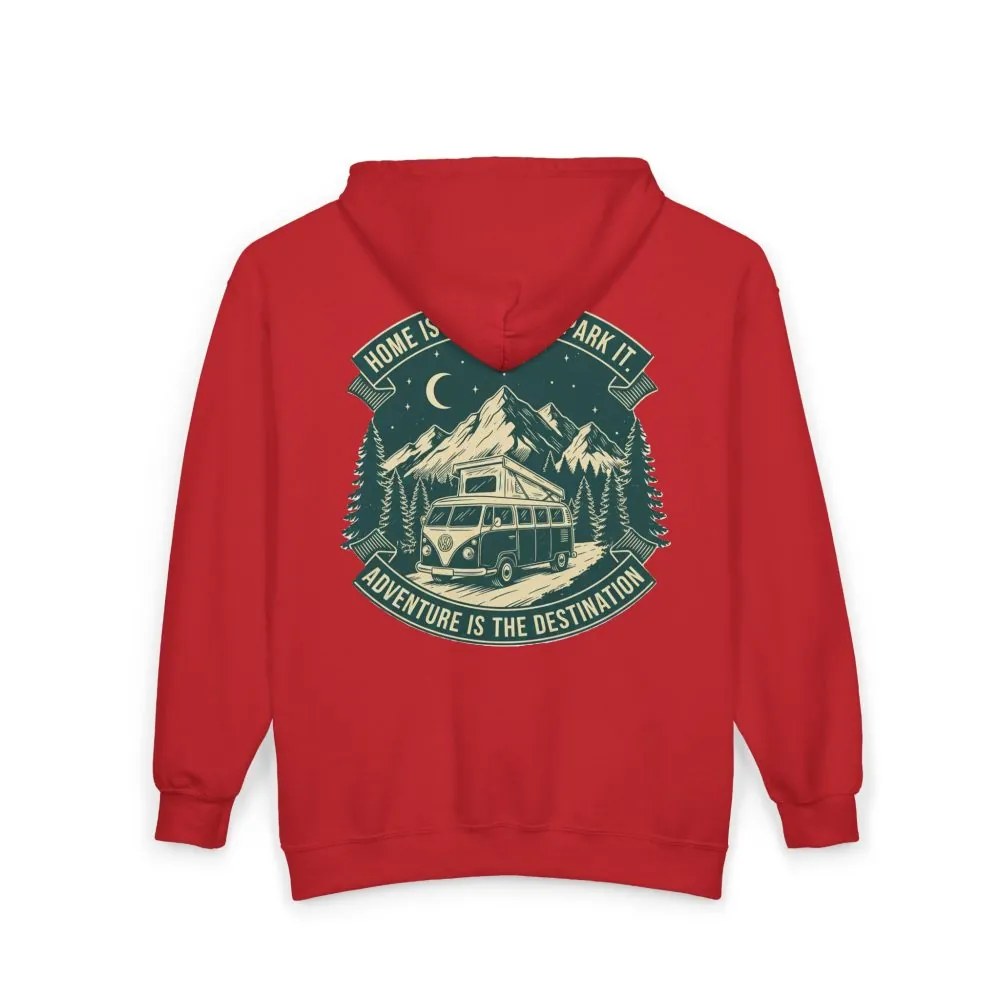 11336164127831319743_2048.jpeg Zip Hoodie — "Home Is Where You Park It-Adventure is the destination"(Front + Back Printed) Camper Van Adventure Zip-Up