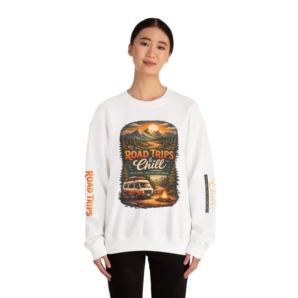 Unisex Heavy Blend™ Crewneck Sweatshirt — "Road Trips & Chill" Design Scenic-Line
