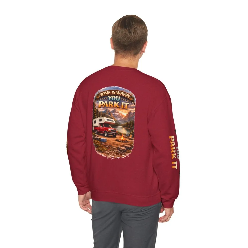 Unisex Heavy Blend™ Crewneck Sweatshirt — "Home Is Where You Park It" Design Scenic-Line
