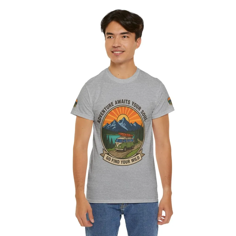 Unisex Heavy Cotton Tee — “Adventure Awaits Your Soul: Go Find Your Wild” Van & Mountain Graphic