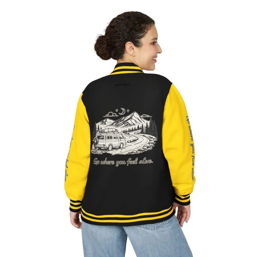 Unisex Heavyweight Letterman Jacket — "Go Where You Feel Alive" Travel Varsity Coat