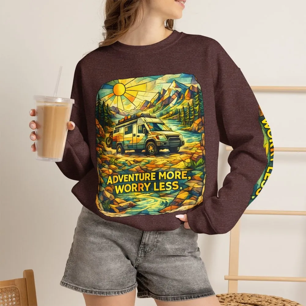 Unisex Heavy Blend™ Crewneck Sweatshirt — "Adventure More Worry Less" Design Cubic-Line