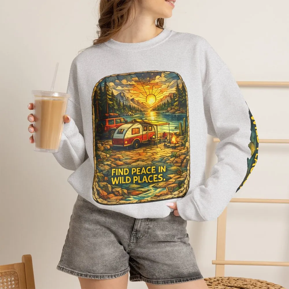 Unisex Heavy Blend™ Crewneck Sweatshirt — "Find Peace In Wild Places" Design Cubic-Line