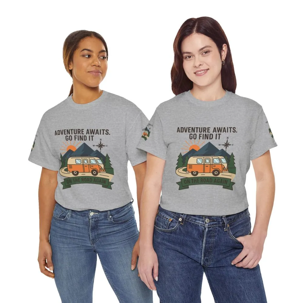 Unisex Heavy Cotton Tee — 'Adventure Awaits. Go Find It' Camper Van T‑Shirt