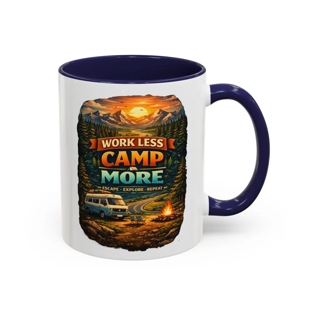 Accent Coffee Mug (11, 15oz) — "Work Less-Camp More" Design Scenic-Line