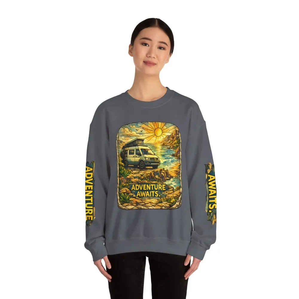 11369740719927998205_2048.jpeg Unisex Heavy Blend™ Crewneck Sweatshirt — "Adventure Awaits" Design Cubic-Line