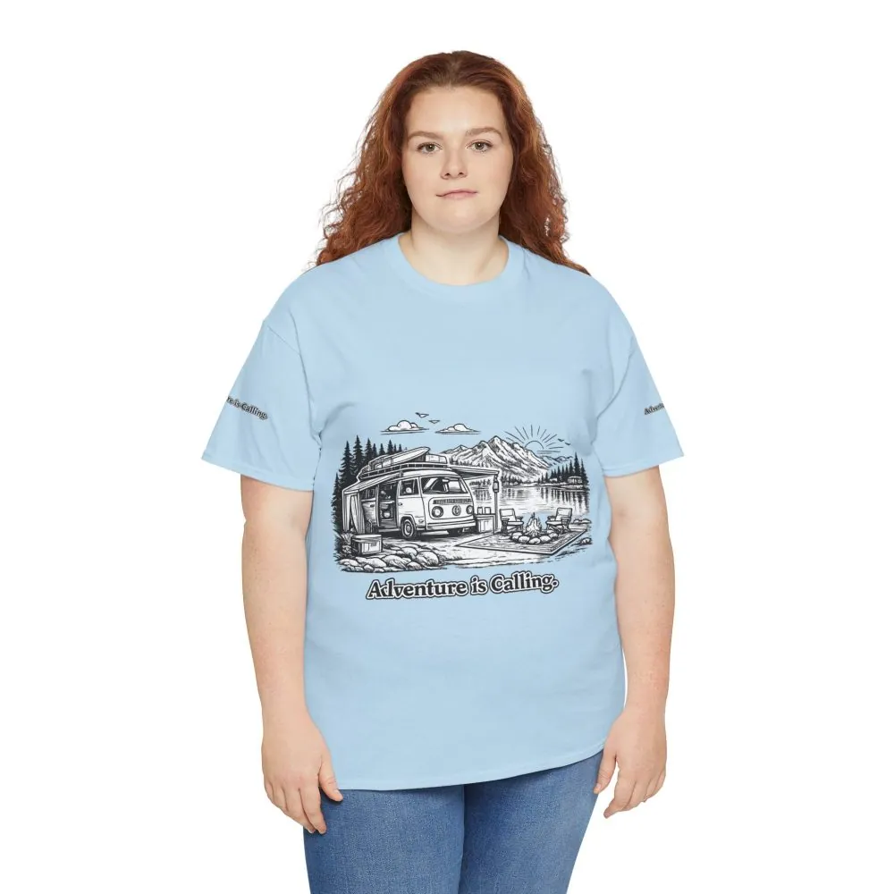 Unisex Heavy Cotton Tee — "Adventure Is Calling" Design Minimal-Line