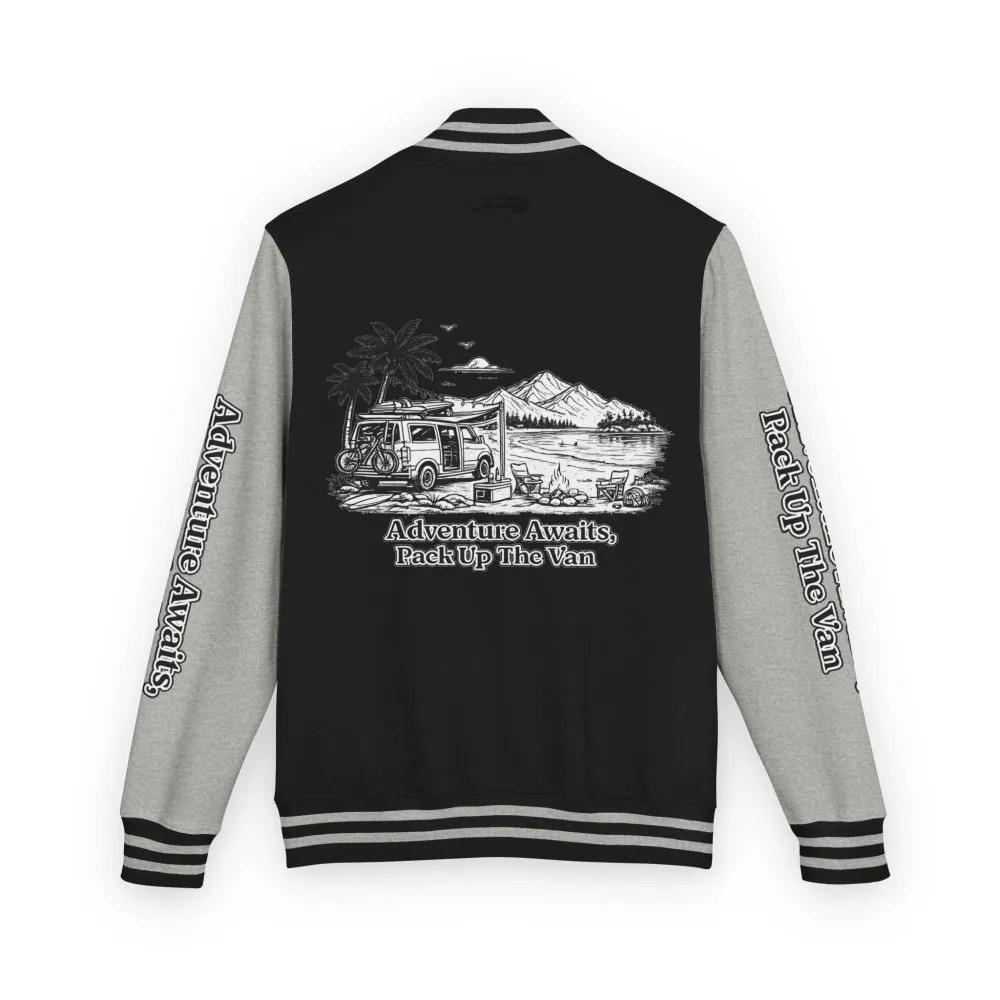 Unisex Heavyweight Letterman Jacket — "Adventure Awaits,Pack Up The Van" Travel Varsity Coat