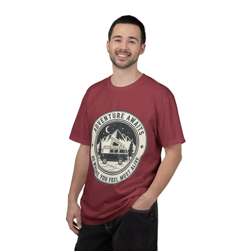 T-Shirt — "Adventure Awaits-Go Where You Feel Most Alive" (Only Front Printed) Outdoor Travel Tee