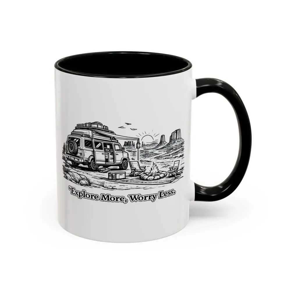 Accent Coffee Mug (11, 15oz) — "Explore More Worry Less" Design Minimal-Line