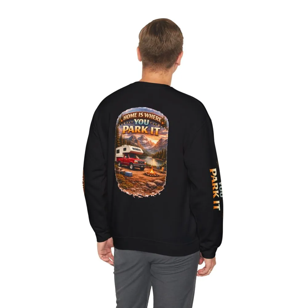 Unisex Heavy Blend™ Crewneck Sweatshirt — "Home Is Where You Park It" Design Scenic-Line