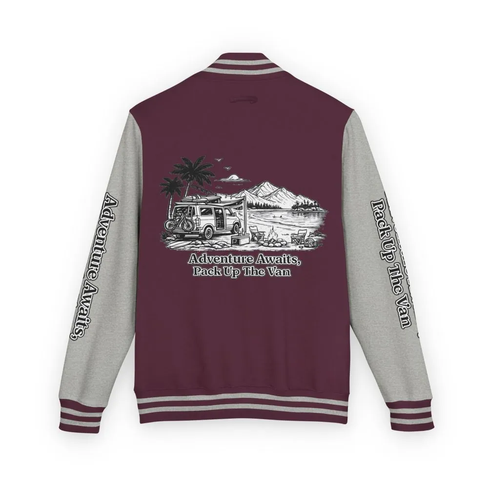 Unisex Heavyweight Letterman Jacket — "Adventure Awaits,Pack Up The Van" Travel Varsity Coat
