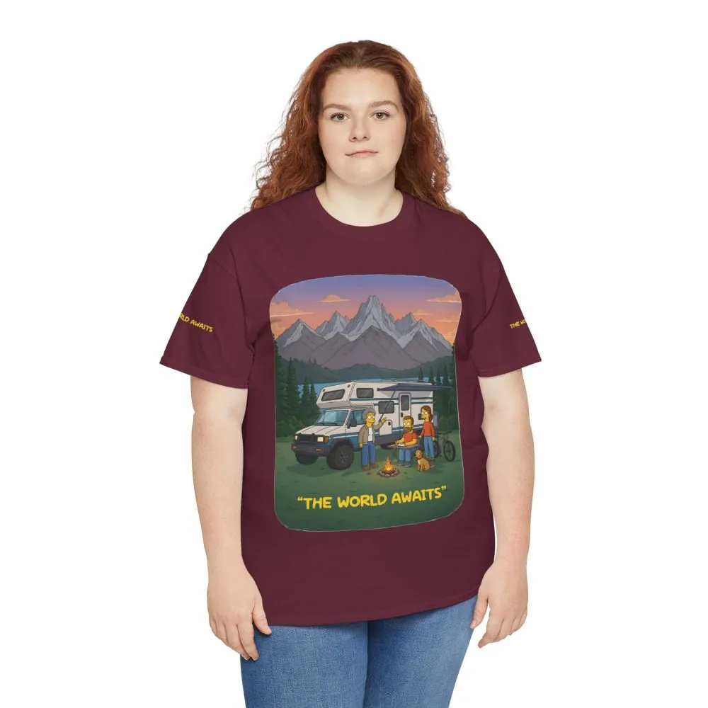 Unisex Heavy Cotton Tee — "The World Awaits" Design Sitcom-Line