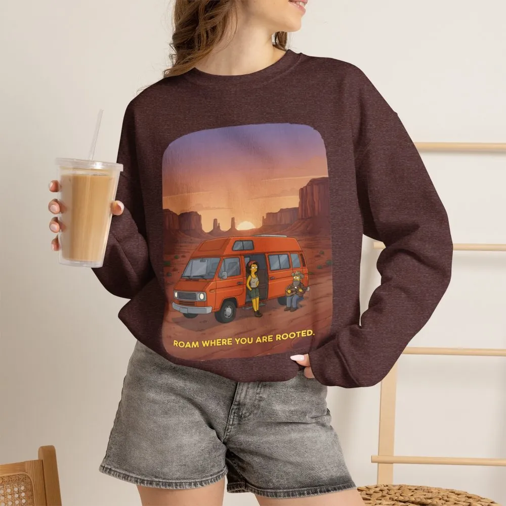 Unisex Heavy Blend™ Crewneck Sweatshirt — "Roam Where You Are Rooted" Design Sitcom-Line